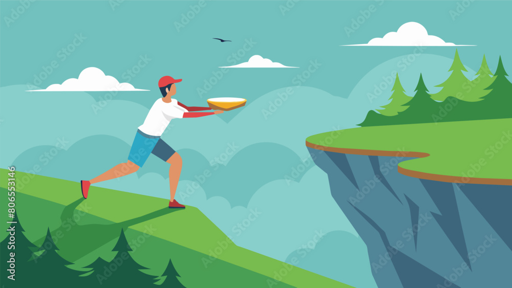 Playing on a cliffside course the player makes a daring precision throw narrowly avoiding a steep dropoff and landing their disc perfectly on the. Vector illustration
