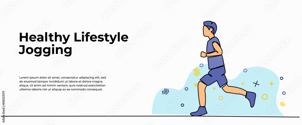 Vector illustration of  young men jogging. Modern flat in continuous line style.