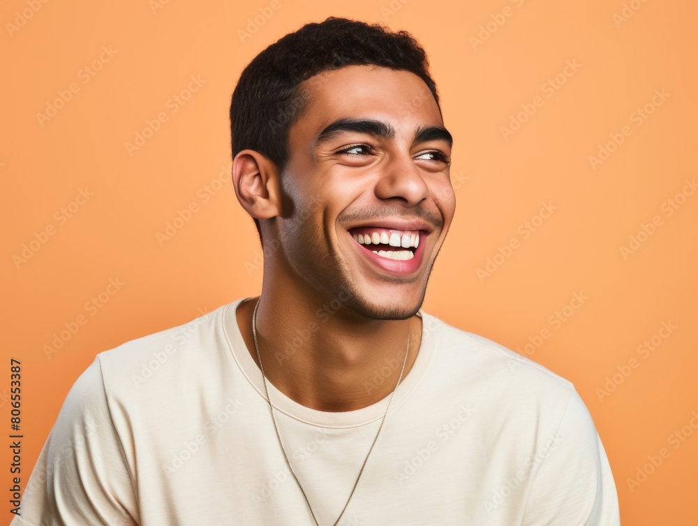 Fototapeta premium A man with a smile on his face is wearing a white shirt and a necklace