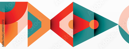 An artful display of geometric shapes such as triangles, rectangles, and circles in tints and shades of electric blue and carmine. The patterns showcase symmetry on a white background