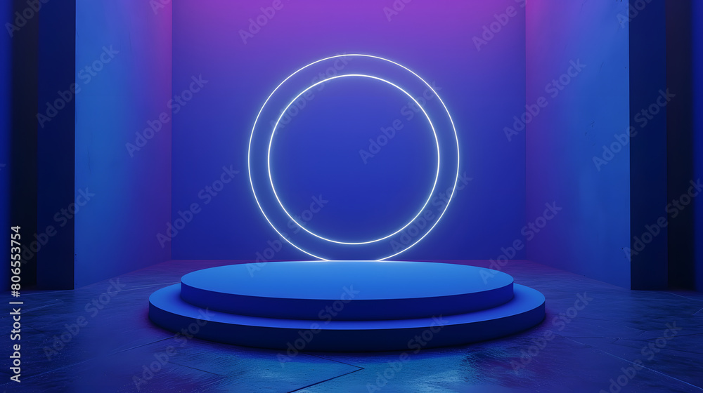 Product podium in Sci-fi dark blue abstract room with illuminate with circle neon lights and smoke. Glowing Neon Stage with Futuristic Pedestal on Gradient Background for Product Display. Product podium in Sci-fi dark blue abstract room with illuminate with circle neon lights and smoke. Glowing Neon Stage with Futuristic Pedestal on Gradient Background for Product Display.