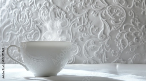 A panoramic view of an exquisitely designed white porcelain tea cup, steam gently rising from its brim, set against a fancy, white embossed wallpaper, capturing the elegance of afternoon tea rituals. 