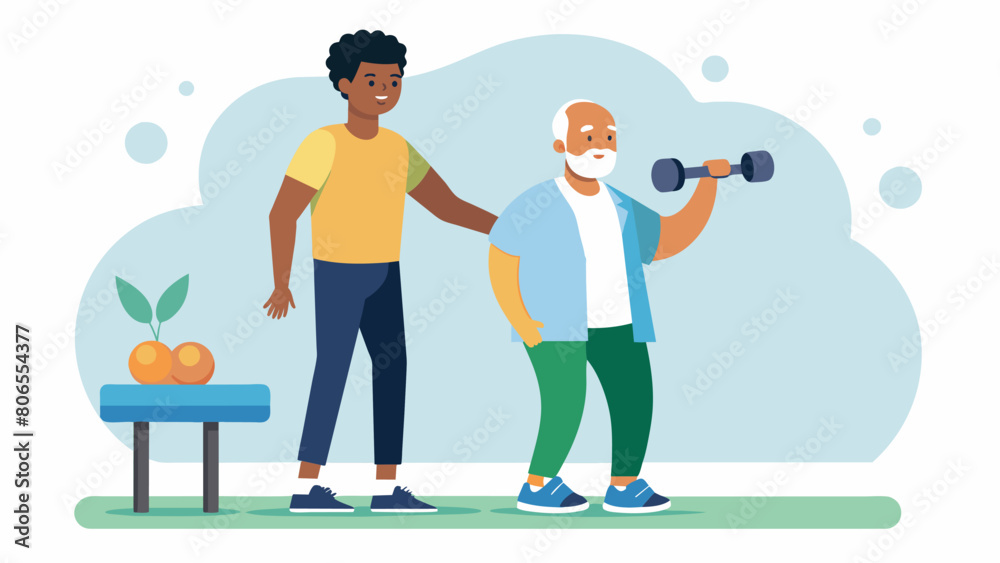 A physical the guiding a patient through a series of weightbearing exercises using body resistance and adjustable hand weights to help rebuild. Vector illustration A physical the guiding a patient through a series of weightbearing exercises using body resistance and adjustable hand weights to help rebuild. Vector illustration