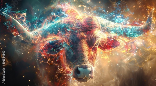 bull with glowing eyes made of colorful smoke, Taurus, constellation photo