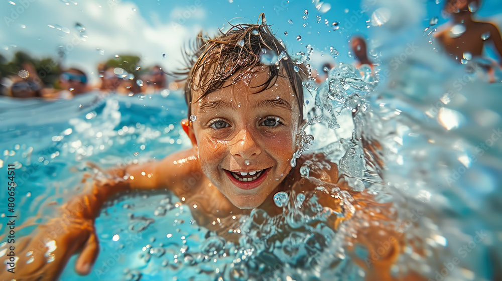Summer, holiday. Happy little boy going down the yellow water slide Summer, holiday. Happy little boy going down the yellow water slide