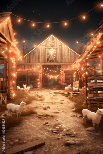 A Christmas scene with a barn  sheeps and a garland
