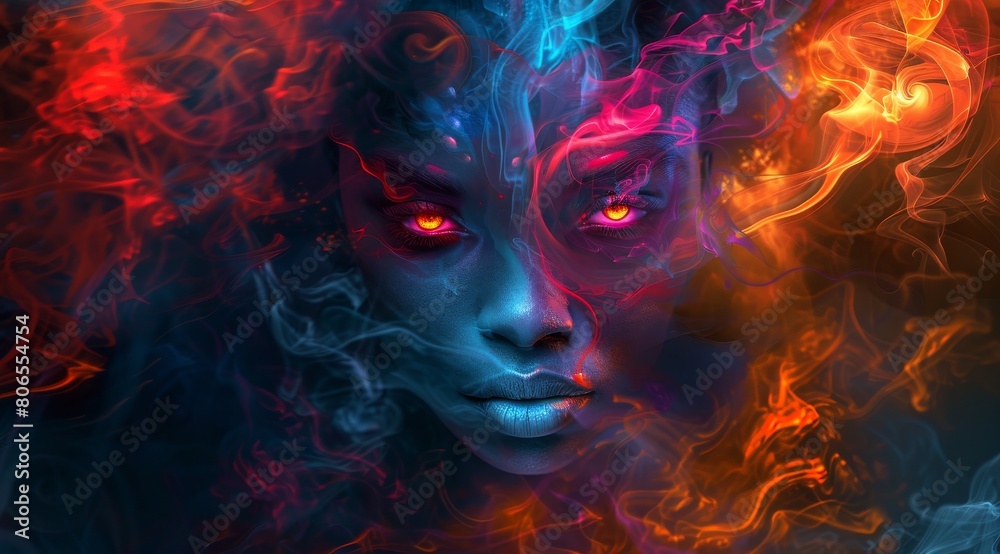 colorful smoke swirls around human head, red eyes glow in the dark background