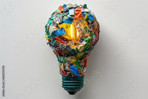 A light bulb is covered in trash and is lit up. The bulb is a symbol of the importance of recycling and reducing waste photo