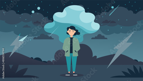 A person standing in a storm but with a calm expression on their face representing the Stoic philosophy of finding inner peace and strength during. Vector illustration