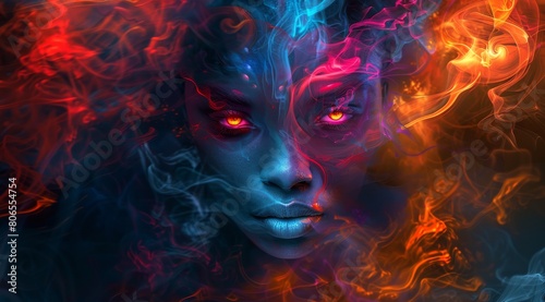 colorful smoke swirls around human head  red eyes glow in the dark background