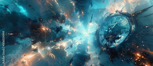 A digital visualization of a mindscape with a giant clock with multiple hands spinning at different speeds representing the perception of time