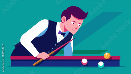 Quietly muttering calculations to themselves the snooker player lines up a complex bank shot with precision.. Vector illustration