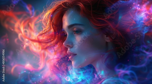 colorful smoke swirls around human head, glowing in the dark background