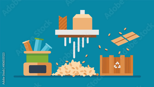 Shredding Materials such as wood and plastic are shredded into smaller pieces to create a raw material that can be used for new products.. Vector illustration