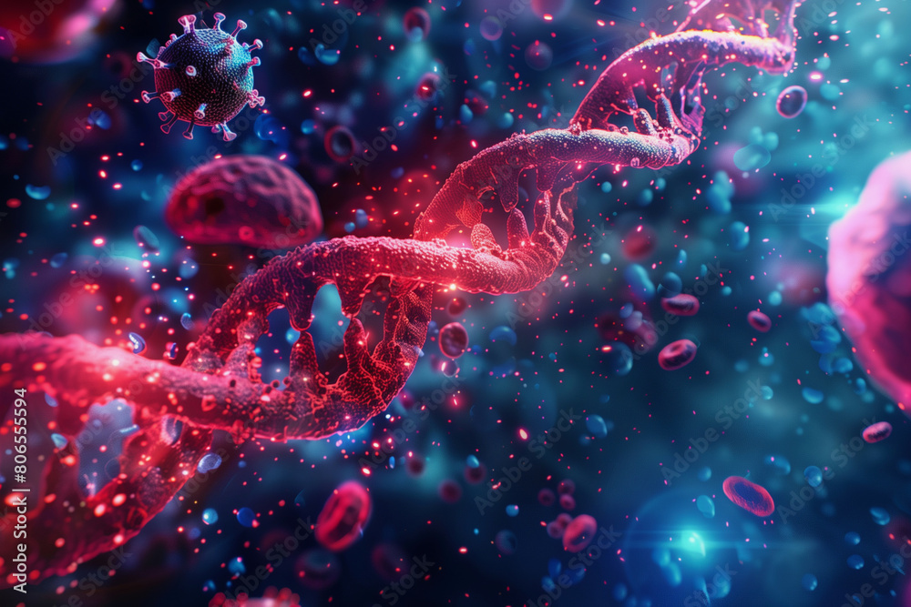 A colorful image of DNA strands and red blood cells. Concept of life and energy, as the DNA strands are depicted as vibrant and dynamic, while the red blood cells add a sense of vitality and movement A colorful image of DNA strands and red blood cells. Concept of life and energy, as the DNA strands are depicted as vibrant and dynamic, while the red blood cells add a sense of vitality and movement
