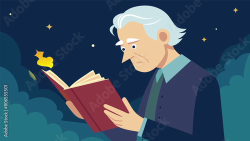 An older gentleman discovering a classic novel from his childhood his face lighting up with nostalgia.. Vector illustration