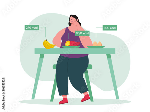 Obese girl feeling conscious about weight gain from eating. Diet vector illustration