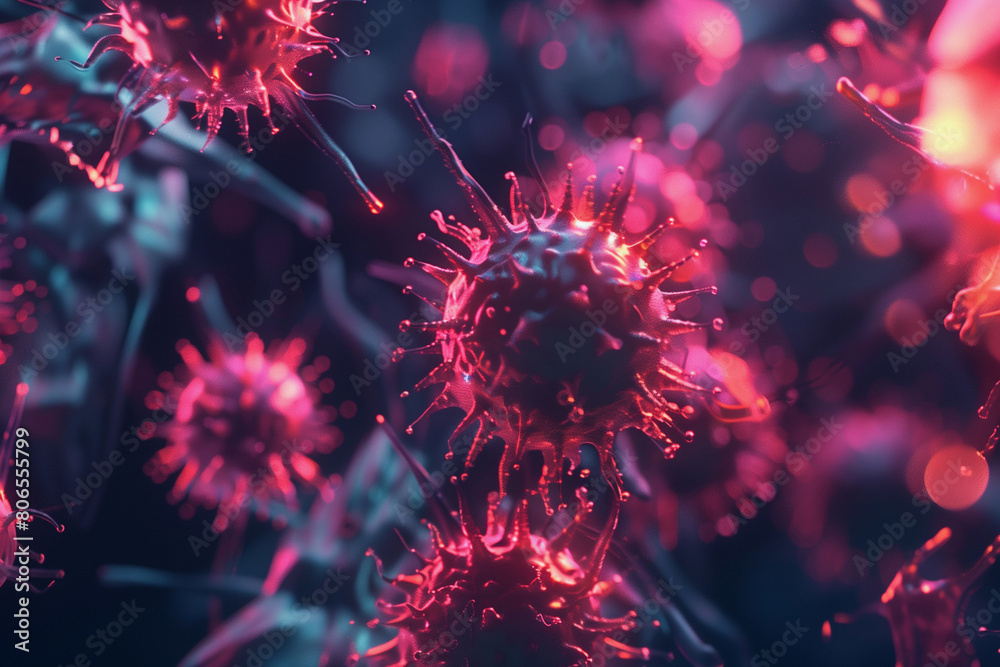A close up of a bunch of red and pink viruses. The viruses are very small and are clustered together. The image has a dark and ominous mood, as if the viewer is looking at something dangerous A close up of a bunch of red and pink viruses. The viruses are very small and are clustered together. The image has a dark and ominous mood, as if the viewer is looking at something dangerous