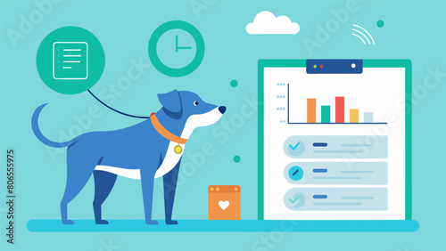 Stay on top of your pets wellbeing with the help of this smart leashs personalized data reports.. Vector illustration