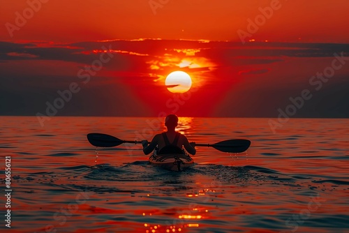 Rear view of kayaker man paddle kayak at sunset sea. Kayaking, canoeing, paddling.