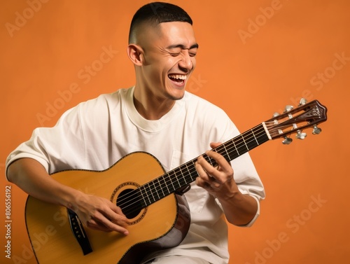 A man is playing a guitar and smiling