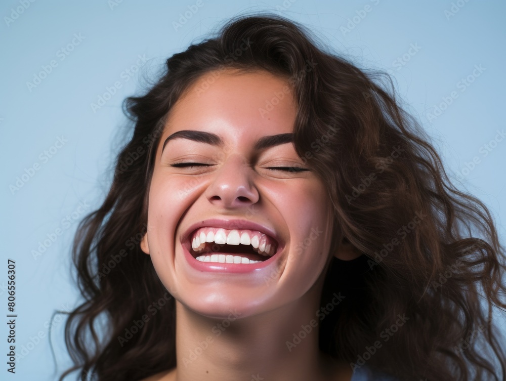 A woman with long hair is smiling and laughing while wearing color clothing A woman with long hair is smiling and laughing while wearing color clothing