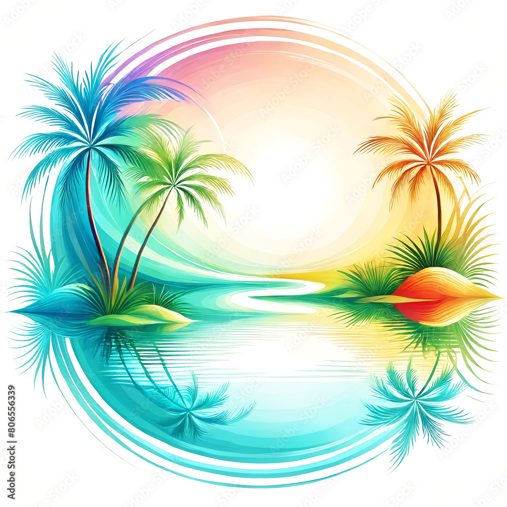 A beautiful tropical scene with a large circle in the middle that is filled with palm trees. The palm trees are of different heights, creating a lush and vibrant atmosphere.