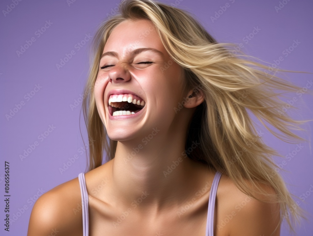 A woman with long hair is smiling and laughing while wearing color clothing A woman with long hair is smiling and laughing while wearing color clothing