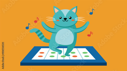 A musical mat that responds to a cats movements encouraging them to dance and play.. Vector illustration