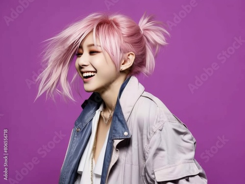 A woman with pink hair is smiling and wearing a white shirt and a jacket