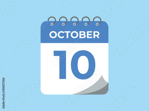 October  10 calendar reminder. 10 October  daily calendar icon template. Calendar 10 October  icon Design template. Vector illustration
