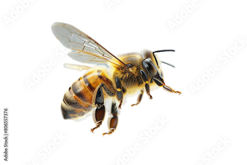a close view of honey bee flying isolated on a plain background or png for food type poster or graphic use, Generative Ai.