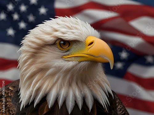Majestic American Bald Eagle Soaring Alongside the Flag, Symbolizing Strength and Liberty