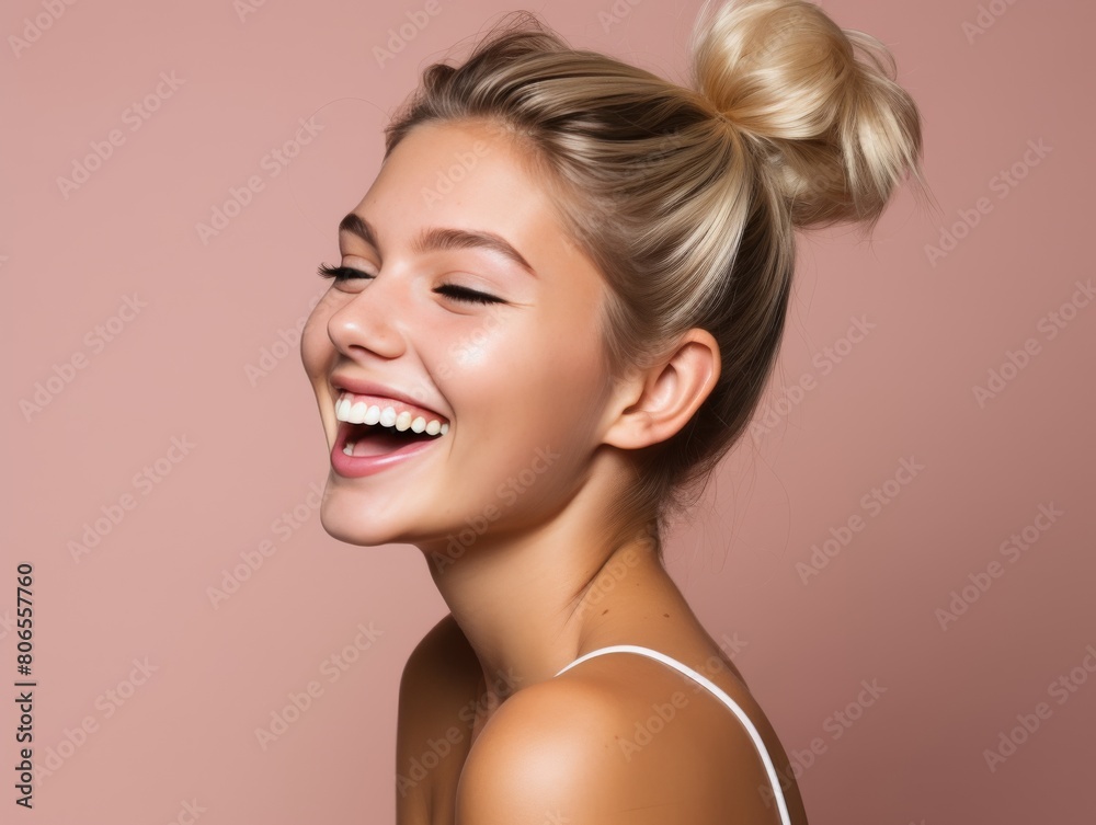 A woman with blonde hair and a white tank top is smiling and laughing