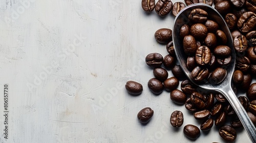 A spoonful of coffee beans on a white background. The spoon is silver and the beans are scattered around it photo