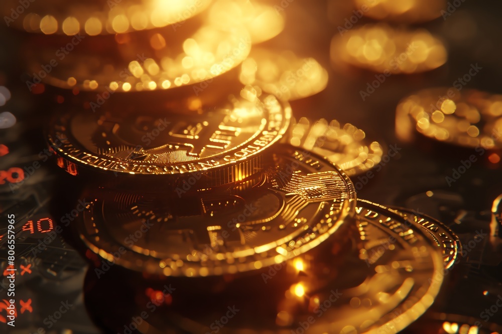 Old gold coins with modern digital price display, 4K realistic, contrasting eras Old gold coins with modern digital price display, 4K realistic, contrasting eras