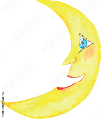 Moon. A cartoon character. Drawing in watercolor and liners. Graphics. A hand-drawn drawing. A design element. Clip-Art. Vector