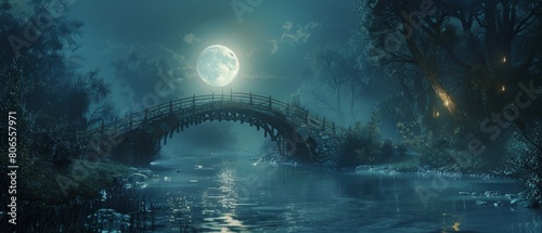 A bridge appearing only under moonlight made of shimmering light and leading those who dare to cross to enchanted lands photo