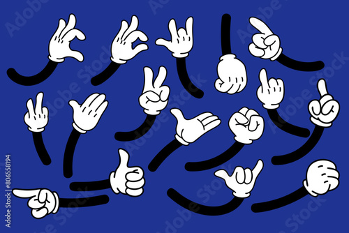 Set of cartoon hands in gloves. Retro style mascot hands. Rubber hose style hands. Vector illustration