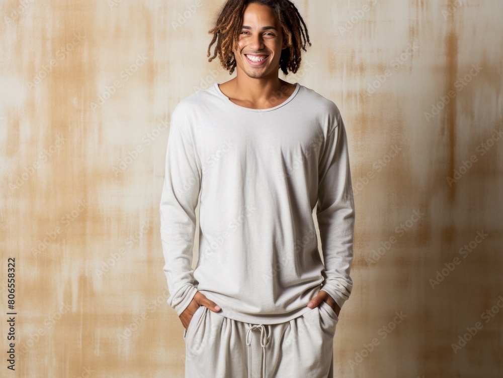 Fototapeta premium A man in a white shirt and shorts is smiling