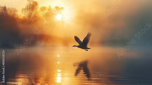 A bird taking flight from a serene lake captured in the golden light of dawn symbolizing new beginnings © Seksan