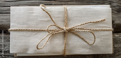 A panoramic shot of a textured, linen-finish invitation card in soft beige, wrapped with a thin, natural twine bow, lying on a rustic, reclaimed wood surface, inviting a warm, countryside event. 
