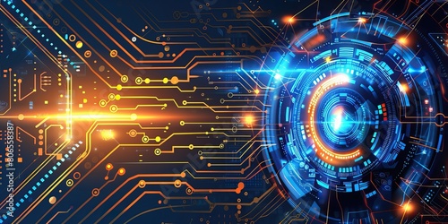 Futuristic technology interface with a digital eye and glowing circuits