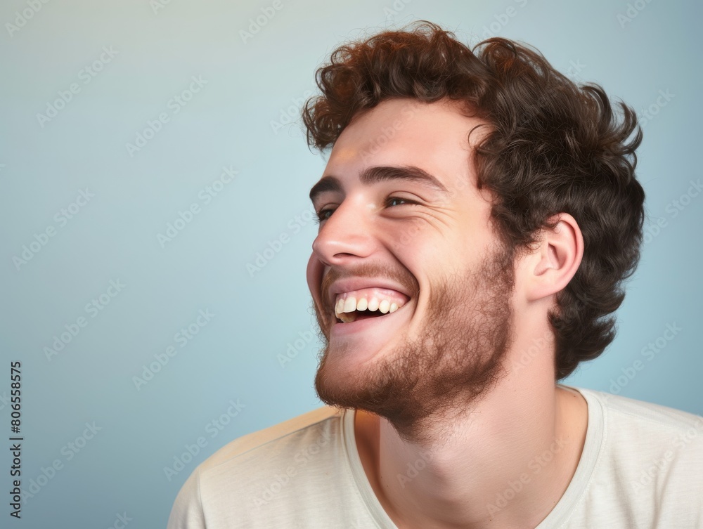 Fototapeta premium A man with a beard is smiling and has his teeth showing