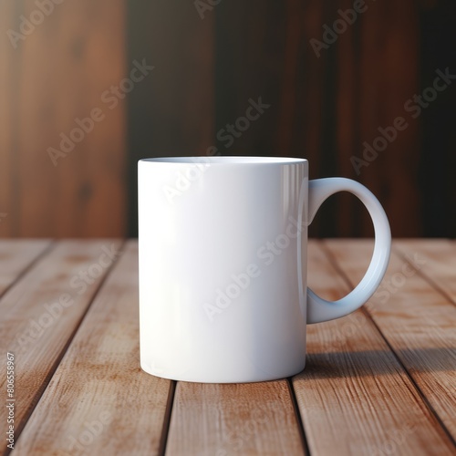 Minimalist white coffee mug mockup positioned on a sleek, dark wooden table, with a warm background.