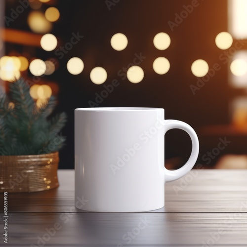 Stylish white coffee mug mockup with a blank template, presented in a cozy cafe ambiance with soft lighting.