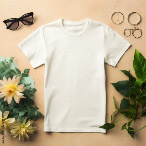 Trendy summer t-shirt mockup with a blank canvas and stylish accessories, set against a minimalist, soft-colored background. © FoxGrafy