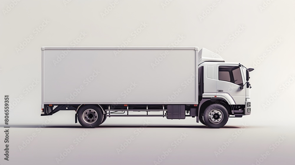 A white truck with a blank side box for a mockup design isolated on a light grey background