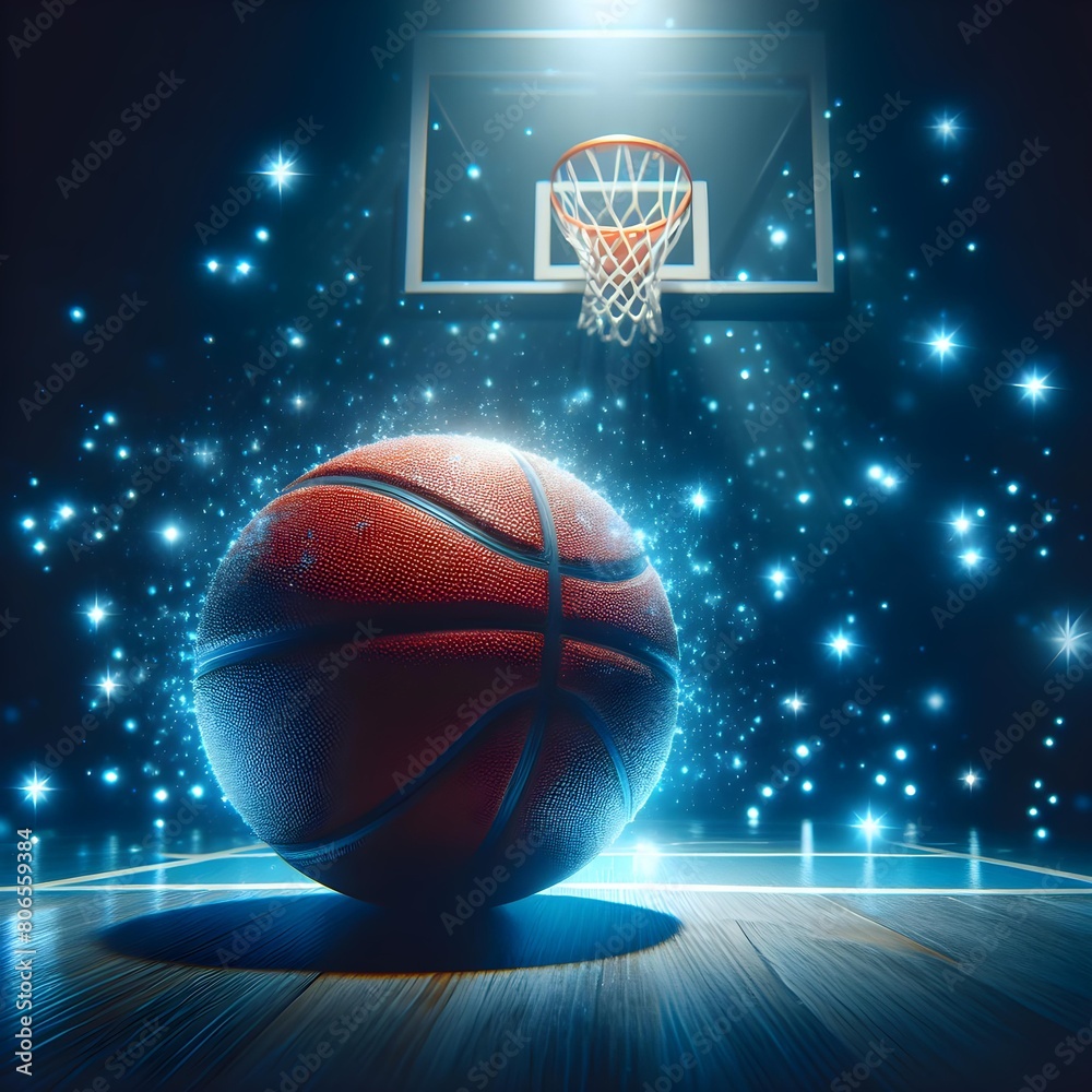 A close-up of a basketball illuminated by bright blue lights, with a basketball hoop in the background, and blue sparkling light effects scattered throughout.