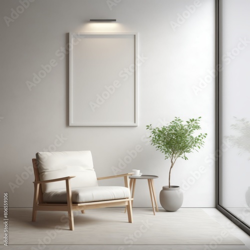 Minimalist interior featuring a large frame mockup on a textured light gray wall  enhanced by natural lighting.